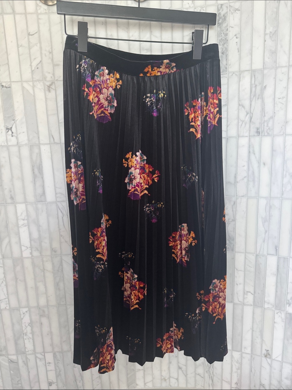 Maeve Black Floral Velvet Midi Skirt